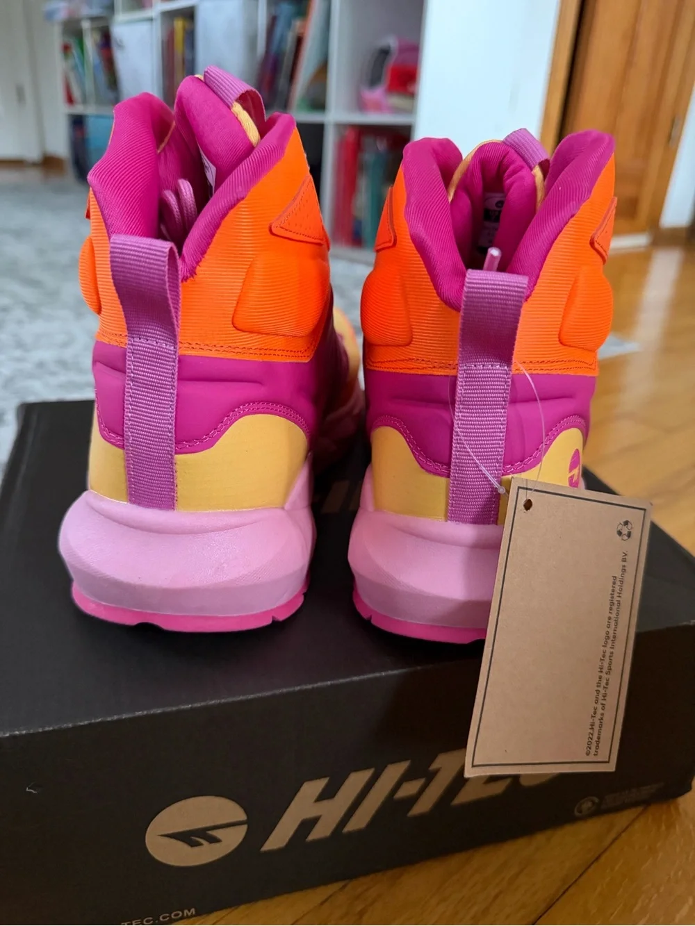 Hi-Tec Kids Trail Boots in Fuchsia, Orange, Yellow Geo sand trail mid